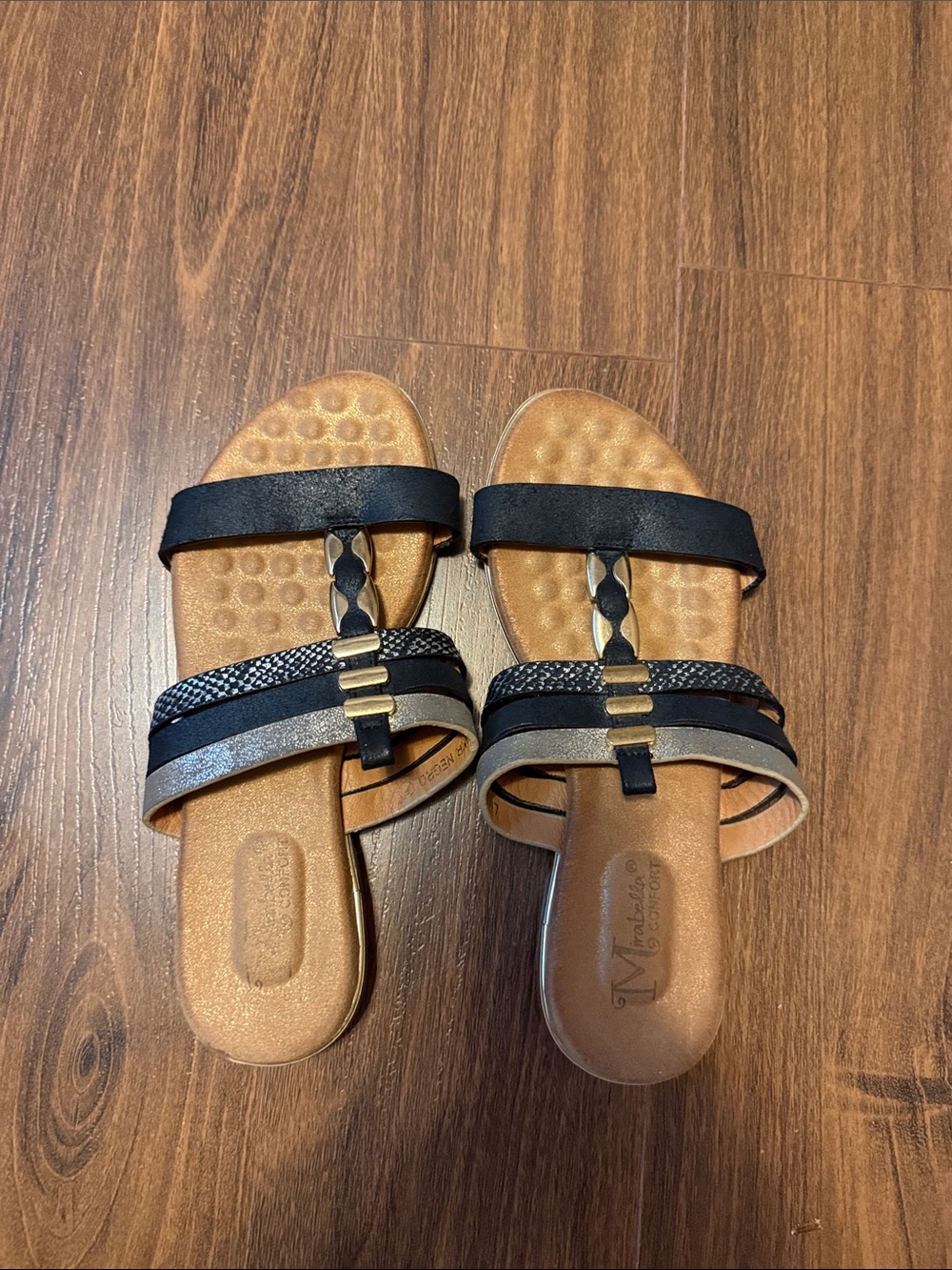 Women's black and Tan Slide Sandals with Metallic Trim
